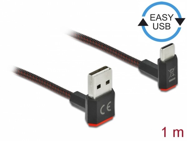 EASY-USB 2.0 Kabel Typ-A Stecker zu USB Type-C™ Stecker gewinkelt oben / unten 1 m schwarz, Delock® [85276]