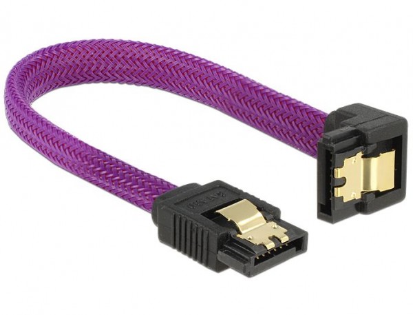 Anschlusskabel SATA 6Gb/s, Stecker gerade/Stecker nach unten gewinkelt Metall, Premium Nylon Geflecht, violett, 0,1m, Delock® [83693]