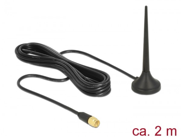 LTE / GSM / UMTS Antenne SMA Stecker 3dBi starr omnidirektional, magnetischer Standfuß, Kabel (RG-174, 2m), outdoor schwarz, Delock® [12416]