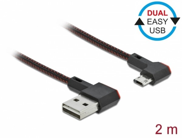 EASY-USB 2.0 Kabel Typ-A Stecker zu EASY-USB Typ Micro-B Stecker gewinkelt links / rechts 2 m schwarz, Delock® [85273]