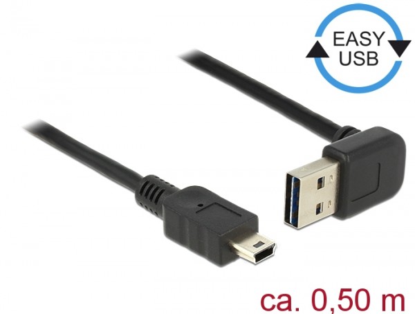 Kabel EASY-USB 2.0 Typ-A Stecker gewinkelt oben / unten an USB 2.0 Typ Mini-B Stecker, schwarz, 0,5 m, Delock® [85184]