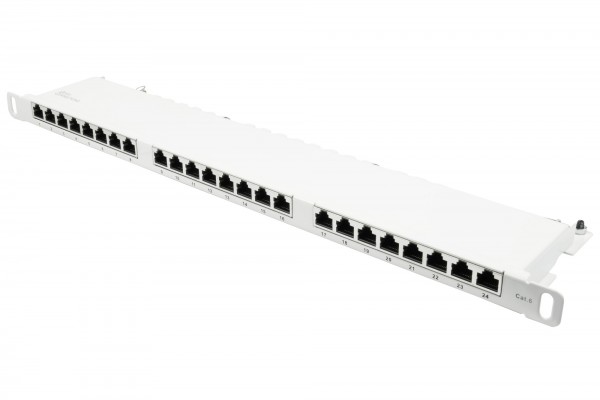 Patchpanel 19" Cat. 6, 24-Port, 0,5 HE, STP geschirmt, werkzeugloses Öffnen, Reinweiß (RAL9010), Good Connections®