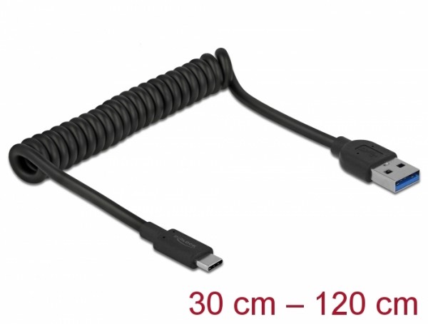 USB 3.1 Gen 2 Spiralkabel Typ-A Stecker an Typ-C Stecker, schwarz, 0,3 m bis 0,7 m, Delock® [85349]