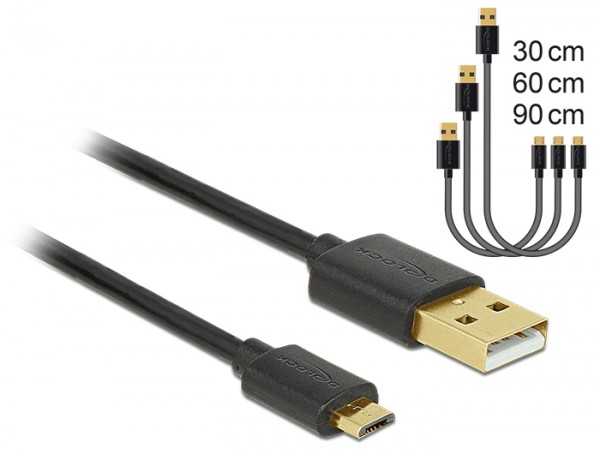 Daten- und Schnellladekabel USB 2.0 Typ-A Stecker an USB 2.0 Typ Micro-B Stecker, schwarz, 3er Set (0,3m + 0,6m + 0,9m), Delock® [83680]