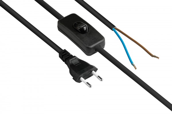 Euro-Netzkabel Euro-Stecker Typ C (gerade) an abisolierte Enden, mit Schalter, schwarz, 0,75 mm², 1,5 m, Good Connections®