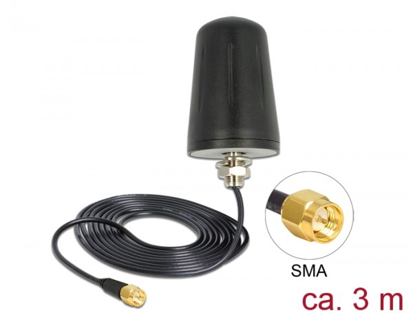 LoRa Antenne 868 MHz SMA Stecker, 0dBi, omnidirektional, (RG-174, 3m), Dachmontage outdoor, schwarz, Delock® [89533]