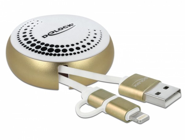 USB 2.0 2 in 1 Aufrollkabel Typ-A zu Micro-B und Lightning™ 8 Pin weiß / gold, Delock® [85820]