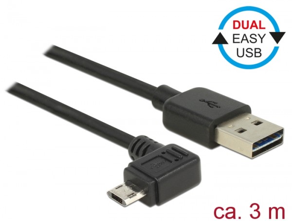 Kabel EASY-USB 2.0 Typ-A Stecker an EASY-USB 2.0 Typ Micro-B Stecker gewinkelt links / rechts, schwarz, 3m, Delock® [83854]
