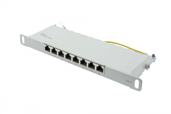 Patchpanel 10" Cat. 6, 8-Port, 0,5 HE, STP geschirmt, werkzeugloses Öffnen, Lichtgrau (RAL7035), Good Connections®