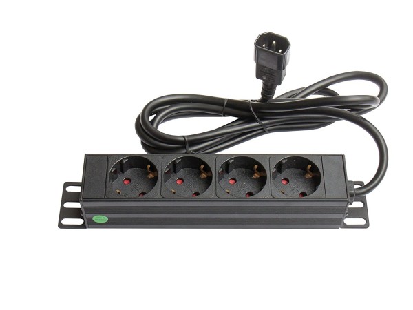 10" PDU Steckdosenleiste, 1HE, Kaltgeräte-Stecker C14 an 4x Schutzkontakt-Buchse, Berührungsschutz, Aluminiumprofil, schwarz, Good Connections®