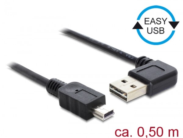Kabel EASY-USB 2.0 Typ-A Stecker gewinkelt links / rechts an USB 2.0 Typ Mini-B Stecker, schwarz, 0,5 m, Delock® [85175]