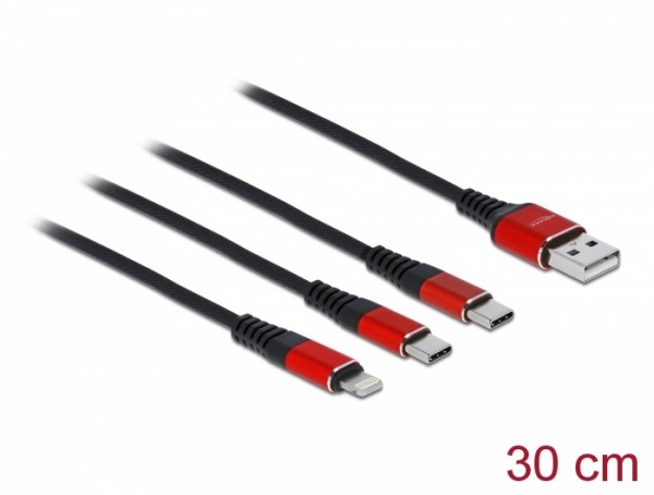 USB Ladekabel 3 in 1 Typ-A zu Lightning™ / 2 x USB Type-C™ 30 cm, Delock® [86708]