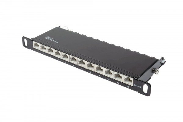 Patchpanel 10" Cat. 6A, 12-Port, 0,5 HE, STP geschirmt, werkzeugloses Öffnen, Tiefschwarz (RAL9005), Good Connections®