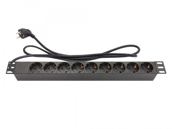 19" PDU Steckdosenleiste, 1HE, Schutzkontakt-Stecker an 9x Schutzkontakt-Buchse, Berührungsschutz, Kunststoffprofil, schwarz, Good Connections®