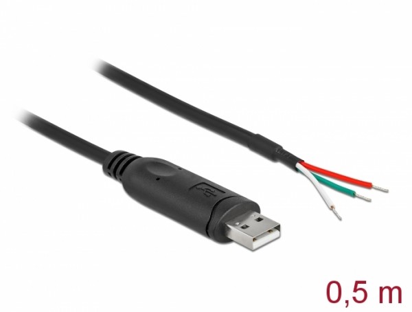 Adapterkabel USB 2.0 Typ-A zu seriell RS-232 mit 3 offenen Kabelenden 0,5 m, Delock® [63497]