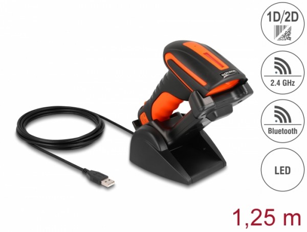 Industrie Barcode Scanner 1D und 2D für 2,4 GHz oder Bluetooth mit induktiver Ladestation, Delock® [90556]