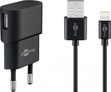 USB-Ladegerät, 1 Port, 1A, inkl. Anschlusskabel Apple Lightning Connector an USB A Stecker, schwarz, 1m