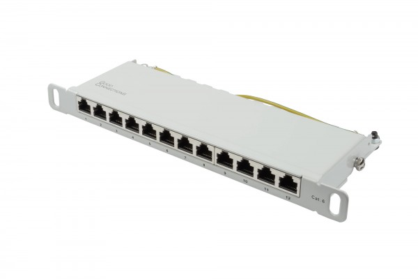 Patchpanel 10" Cat. 6, 12-Port, 0,5 HE, STP geschirmt, werkzeugloses Öffnen, Lichtgrau (RAL7035), Good Connections®