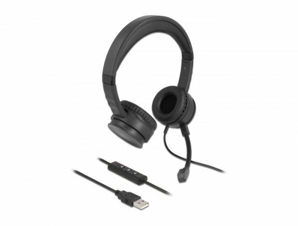 USB Stereo Headset mit Kabelfernbedienung und Quick-Mute Taste für PC und Notebook, Delock® [27180]