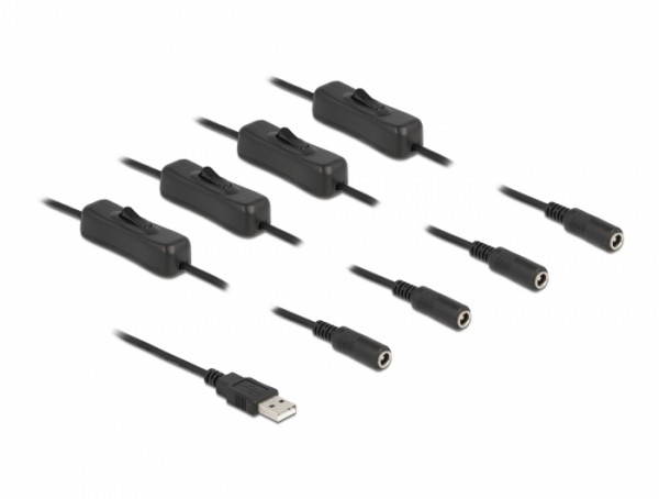 Kabel USB Typ-A Stecker zu 4 x DC 5,5 x 2,1 mm Buchse mit Schalter 1 m, Delock® [86799]