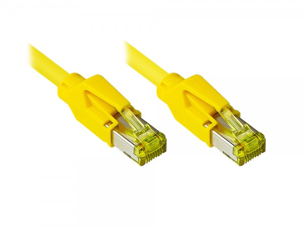 Patchkabel mit Cat. 7 Draka UC900 Rohkabel (900MHz) und Hirose TM31 Stecker (500MHz) beidseitig, S/FTP, PiMF, halogenfrei (LSZH), KUPFER, gelb, 15m