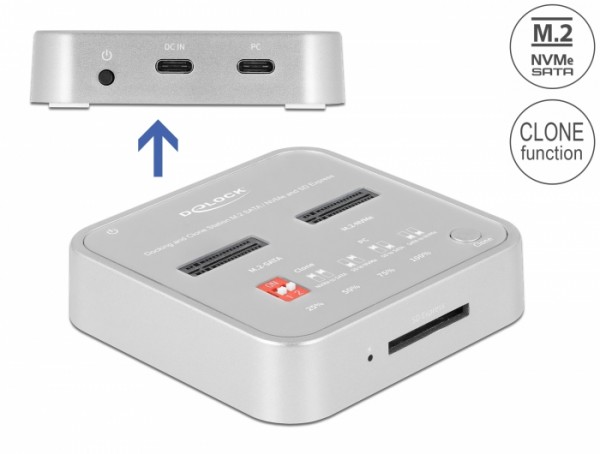 Dockingstation für 1 x M.2 NVMe SSD + 1 x M.2 SATA SSD mit SD Express (SD 7.1) Card Reader und Klon Funktion, Delock® [64138]