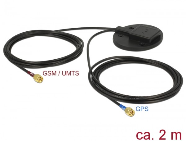 Multiband GPS UMTS GSM LTE SMA 28 / 2-3 dBi Antenne, 2x 2m RG-174 omnidirektional Montageplatte, Navilock® [89489]
