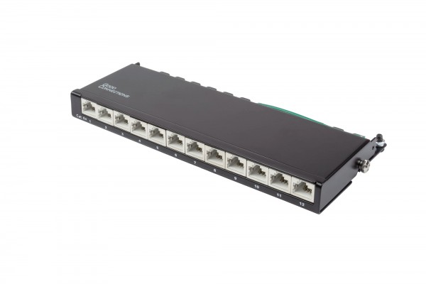 Patchpanel Desktop Cat. 6A, 12-Port, 0,5 HE, STP geschirmt, werkzeugloses Öffnen, Tiefschwarz (RAL9005), Good Connections®