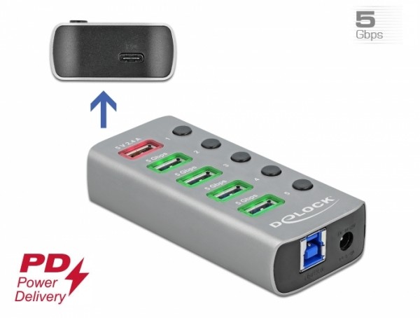 USB 3.2 Gen 1 Hub mit 4 Ports + 1 Schnellladeport + 1 USB-C™ PD 3.0 Port mit Schalter und Beleuchtung, Delock® [63263]