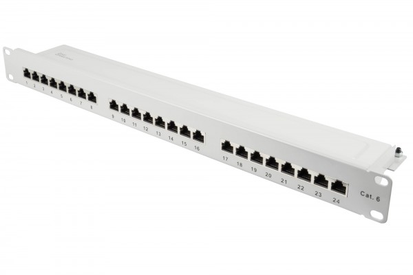 Patchpanel 19" Cat. 6, 24-Port, 1 HE, STP geschirmt, werkzeugloses Öffnen, Lichtgrau (RAL7035), Good Connections®