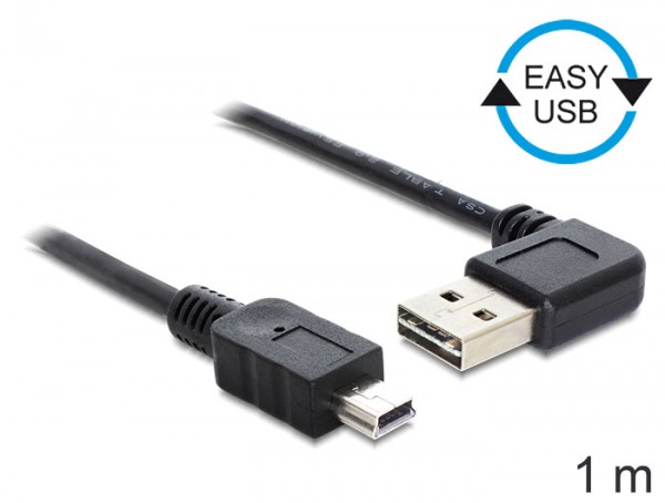 Anschlusskabel USB 2.0 EASY Stecker A an mini Stecker, gewinkelt, schwarz, 1m, Delock® [83378]