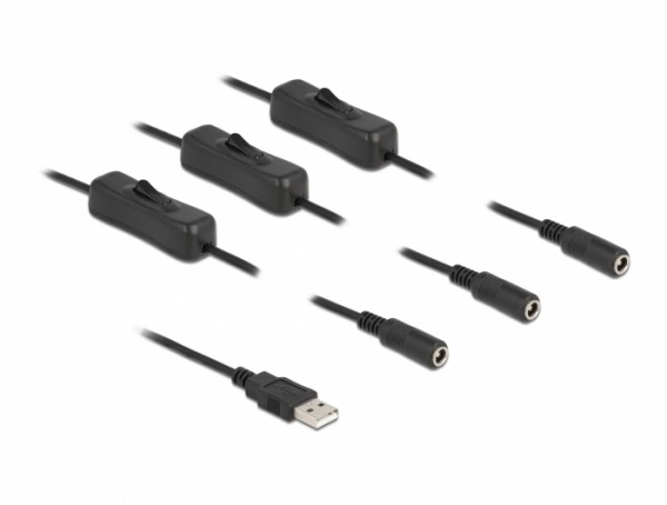 Kabel USB Typ-A Stecker zu 3 x DC 5,5 x 2,1 mm Buchse mit Schalter 1 m, Delock® [86798]