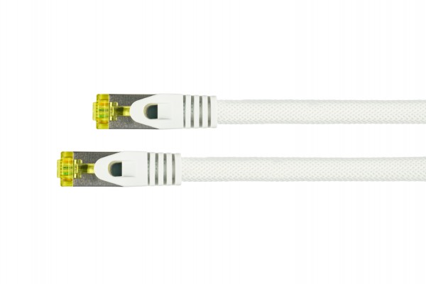 Python® Series RJ45 Patchkabel mit Cat. 7 Rohkabel, Rastnasenschutz (RNS®) und Nylongeflecht, S/FTP, PiMF, halogenfrei, 500MHz, OFC, weiß, 0,5m