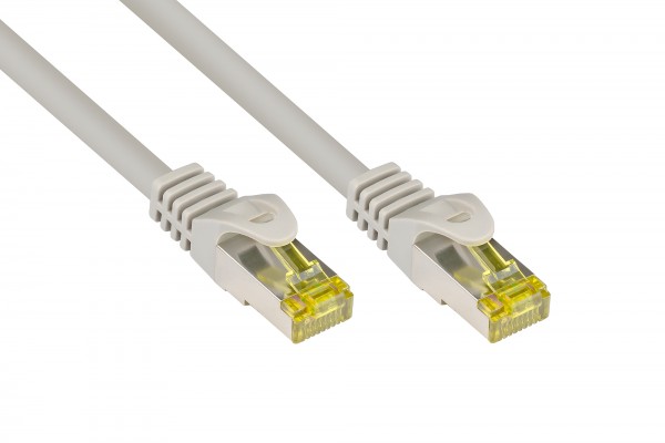 RJ45 Patchkabel mit Cat. 7 Rohkabel und Rastnasenschutz (RNS®), S/FTP, PiMF, halogenfrei, 500MHz, OFC, grau, 30m, Good Connections®