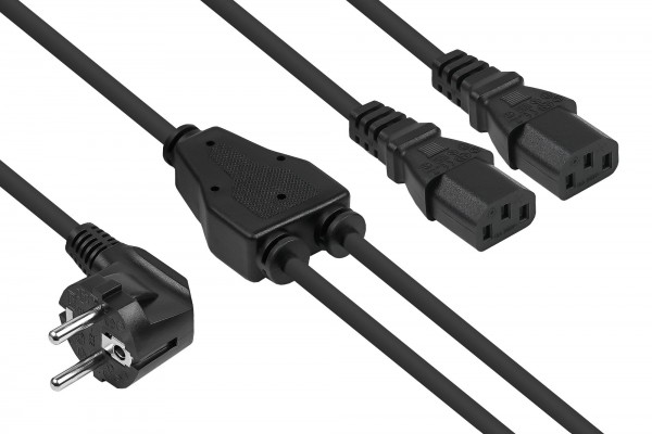 kabelmeister® Y-Netzkabel Schutzkontakt-Stecker Typ E+F (CEE 7/7, gewinkelt) an 2x Buchse C13, schwarz, 2m