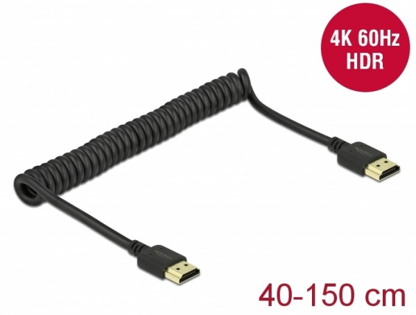 HDMI Spiralkabel 4K 60 Hz, schwarz, 0,4 m bis 1,5 m, Delock® [84967]
