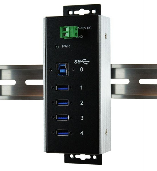 USB 3.0 HUB 4-Port, 4x Buchse A, Upstream Buchse B, 15KV ESD Surge Protection, -40°C bis +85°C, inkl. Din-Rail Kit, Exsys® [EX-1185HMVS-WT]