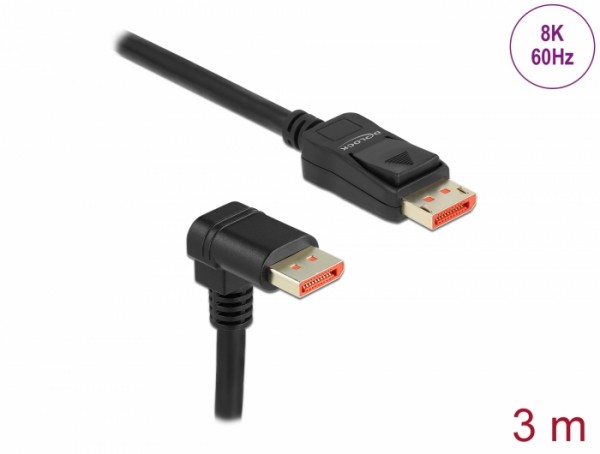 DisplayPort Kabel Stecker gerade zu Stecker 90° unten gewinkelt 8K 60 Hz, schwarz, 3 m, Delock® [87052]