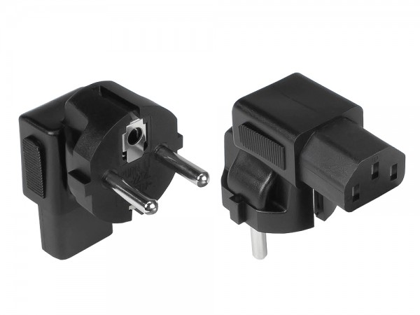 Stromadapter Schutzkontakt-Stecker Typ E+F (CEE 7/7) an Kaltgeräte-Buchse C13, abgewinkelt, schwarz, Good Connections®