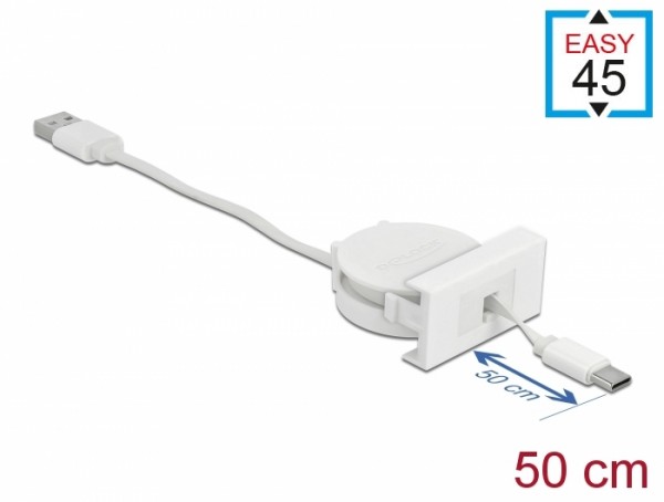 Easy 45 Modul USB 2.0 Ausrollkabel USB Typ-A zu USB Type-C™ weiß, Delock® [81318]