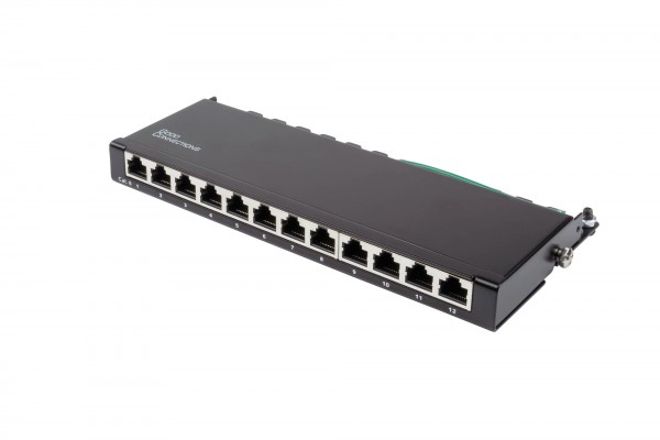 Patchpanel Desktop Cat. 6, 12-Port, 0,5 HE, STP geschirmt, werkzeugloses Öffnen, Tiefschwarz (RAL9005), Good Connections®
