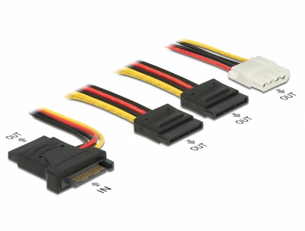 Stromkabel SATA 15 Pin Stecker > 3 x SATA Buchse + 1 x Molex 4 Pin Buchse 20 cm (PCB), Delock® [60171]