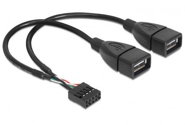 Anschlusskabel, USB 2.0 Typ-A 2 x Buchse auf Pin Header 10 Pin Buchse, schwarz, 0,2m, Delock® [83292]