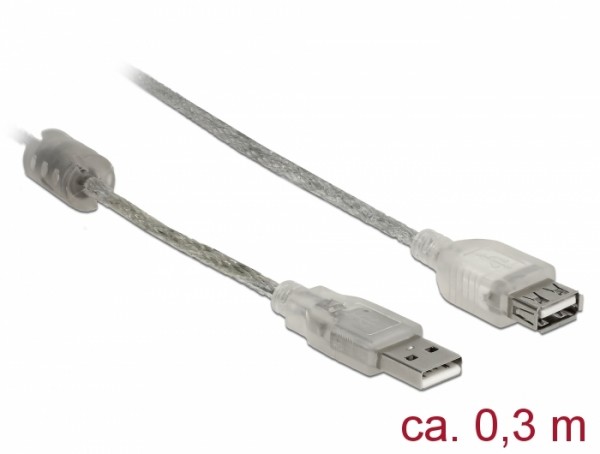 Delock Verlängerungskabel USB 2.0 Typ-A Stecker > USB 2.0 Typ-A Buchse 0,3 m transparent, Delock® [82244]