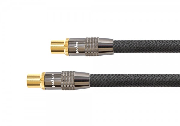 TV Antennenkabel, IEC/Koax Stecker an Buchse, vergoldet, vierfach geschirmt, 120 dB, 75 Ohm, Nylongeflecht, schwarz, 30m, PYTHON® Series