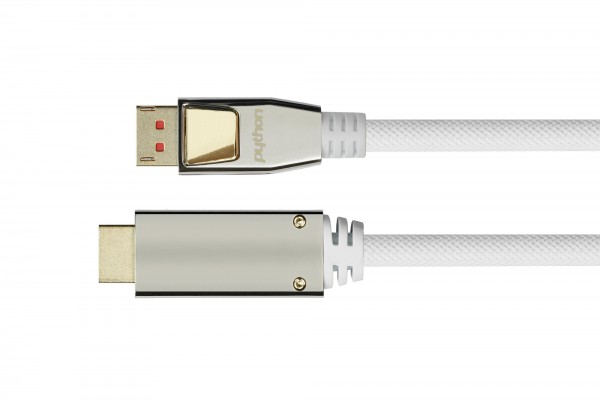 Anschlusskabel DisplayPort 1.4 an HDMI 2.0, 4K / UHD @60Hz, Vollmetallstecker, vergoldete Kontakte, OFC, Nylongeflecht weiß, 5m, PYTHON® Series