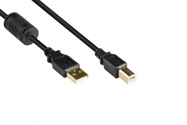 Anschlusskabel USB 2.0 Stecker A an Stecker B, mit Ferritkern, vergoldet, schwarz, 0,5m, Good Connections®