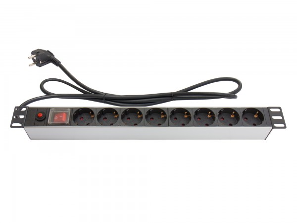 19" Steckdosenleiste, 1HE, Schutzkontakt-Stecker an 8x Schutzkontakt-Buchse, ÜSS, Schalter, Aluminiumprofil, Good Connections®