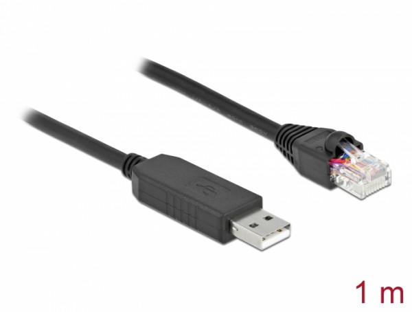 Serielles Anschlusskabel mit FTDI Chipsatz, USB 2.0 Typ-A Stecker zu RS-232 RJ45 Stecker, schwarz, 1 m, Delock® [64160]