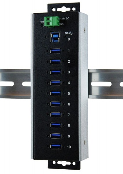 USB 3.0 HUB 10-Port, 10x Buchse A, Upstream Buchse B, 15KV ESD Surge Protection, -40°C bis +85°C, inkl. Din-Rail Kit, Exsys® [EX-1110HMVS-WT]